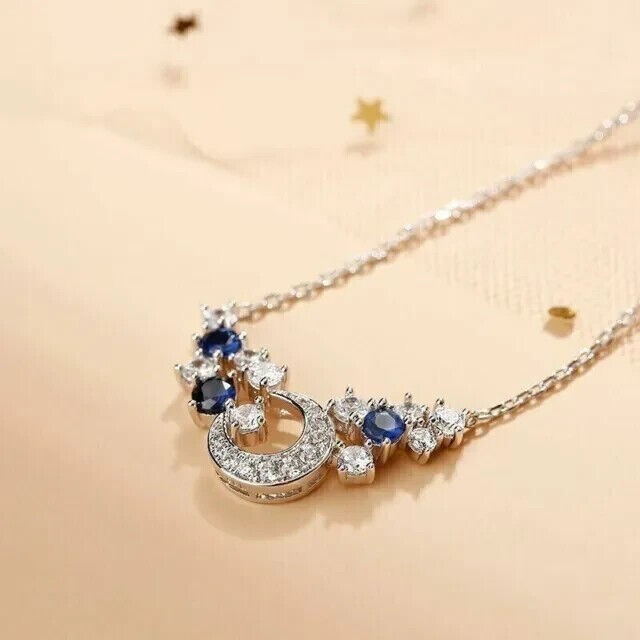 Round Cut Simulated Blue Sapphire Stunning Charm Necklace 14K White Gold Plated