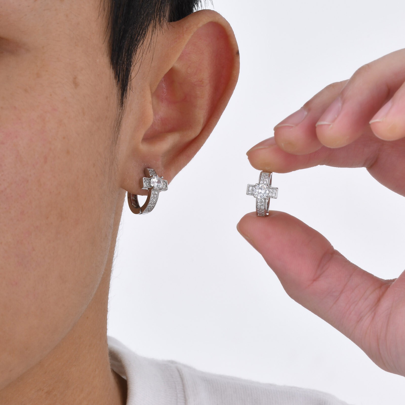 Silver Cross Hoop Earrings Faith Huggie Bling AAA CZ Stone Centered Men Classic