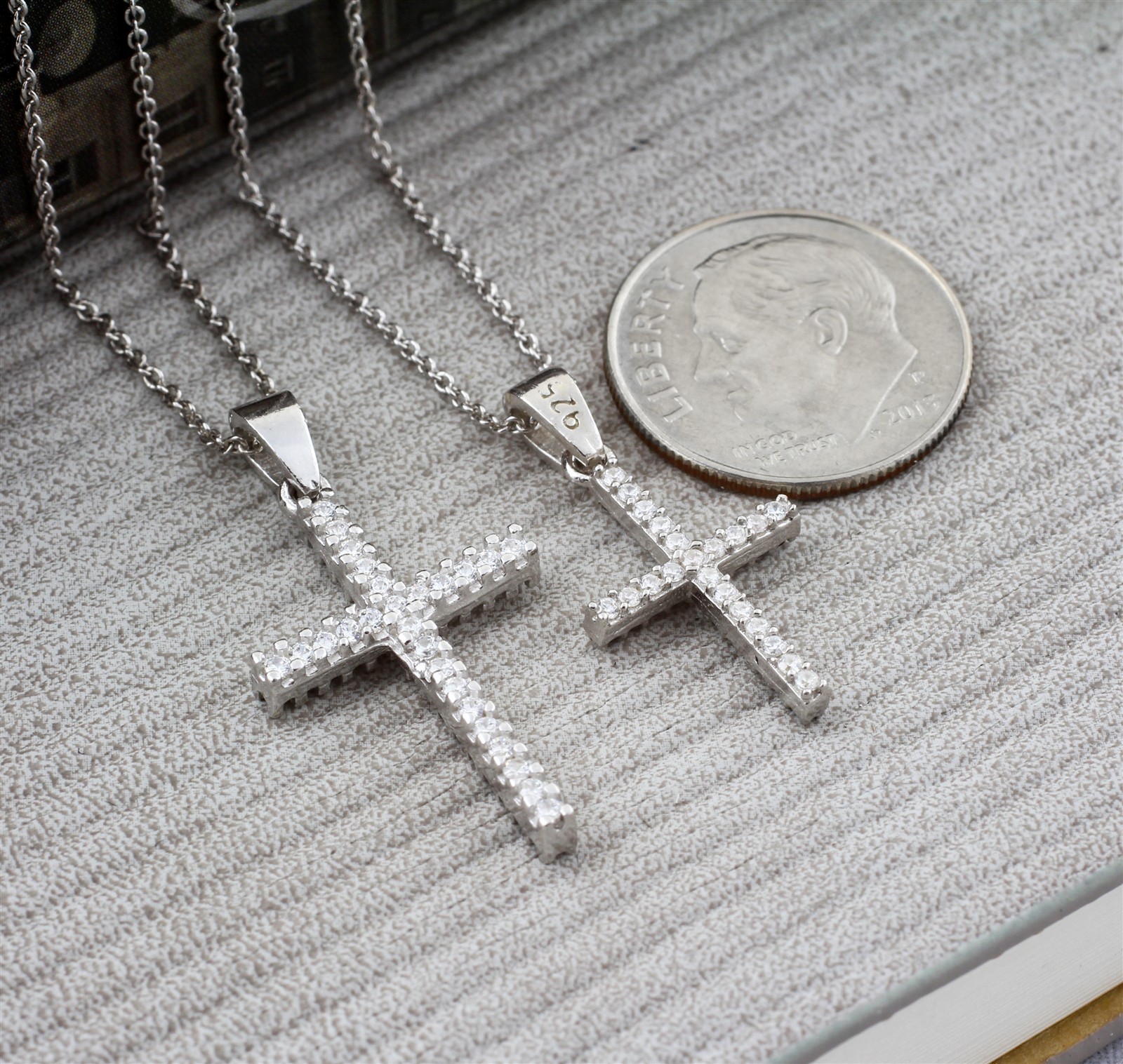 Real 925 Sterling Silver 2 Sided (Black & Clear) CZ Cross Charm Pendant 2 Sizes