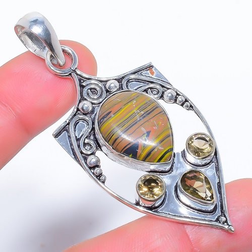Tiger Rainbow Calsilica & Smokey Gemstone 925 Silver Plated Pendant 2.8″ F2