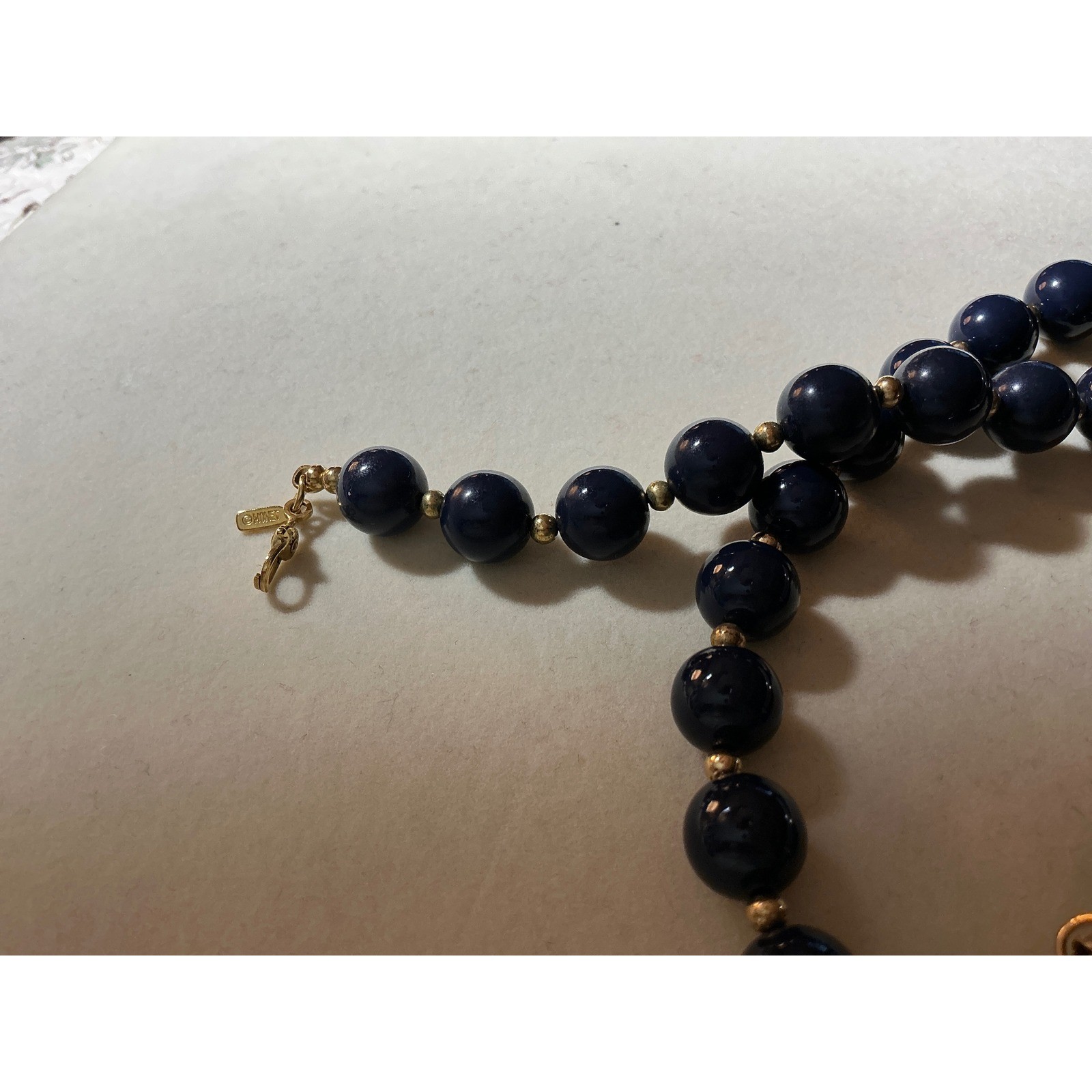 Monet Navy Blue Beaded Necklace 30inch Gold Tone Spacers Classic Strand