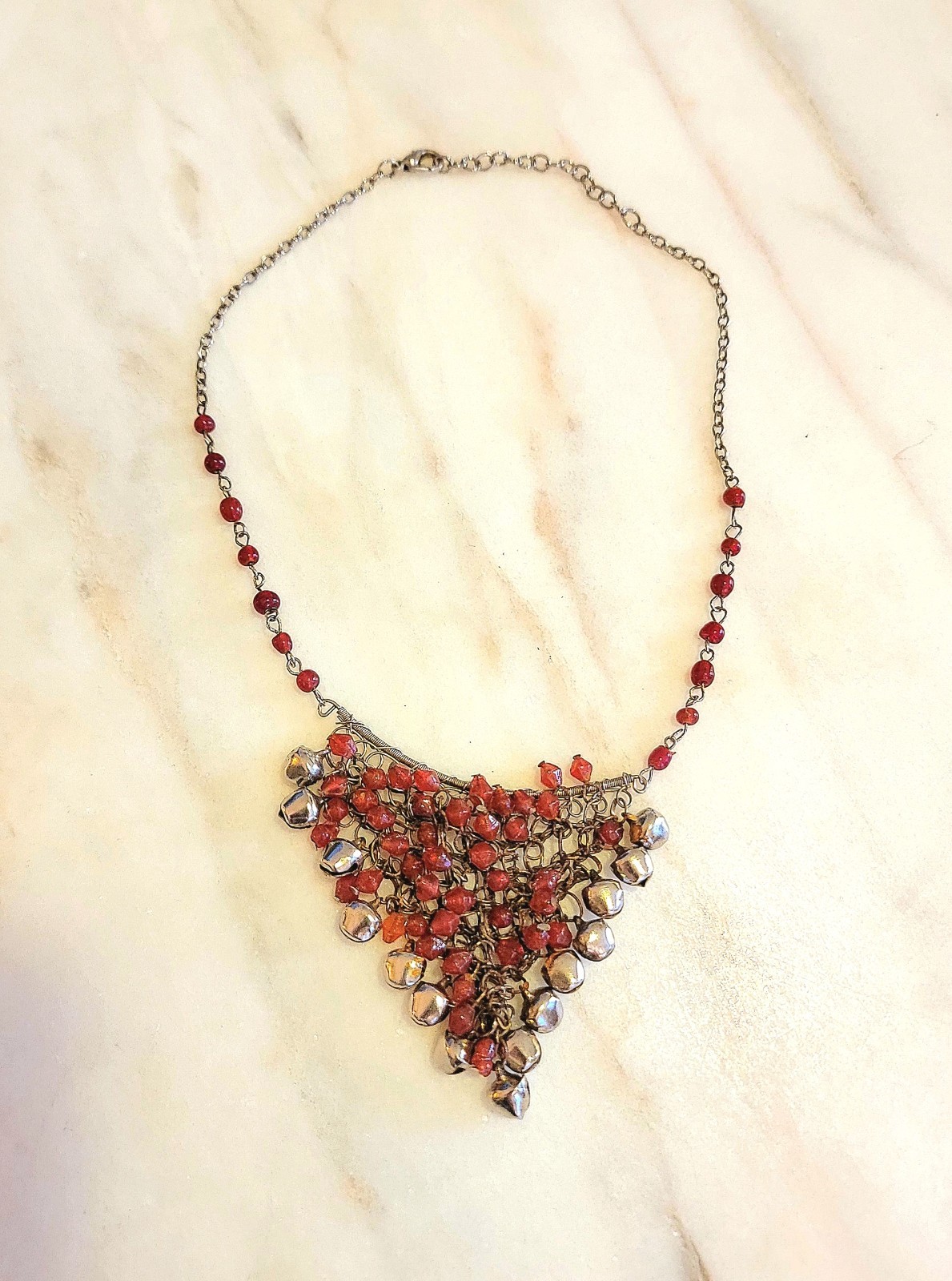 Vintage North India Banjara Bib Necklace ~ Red Glass Bead Wire Mesh ~