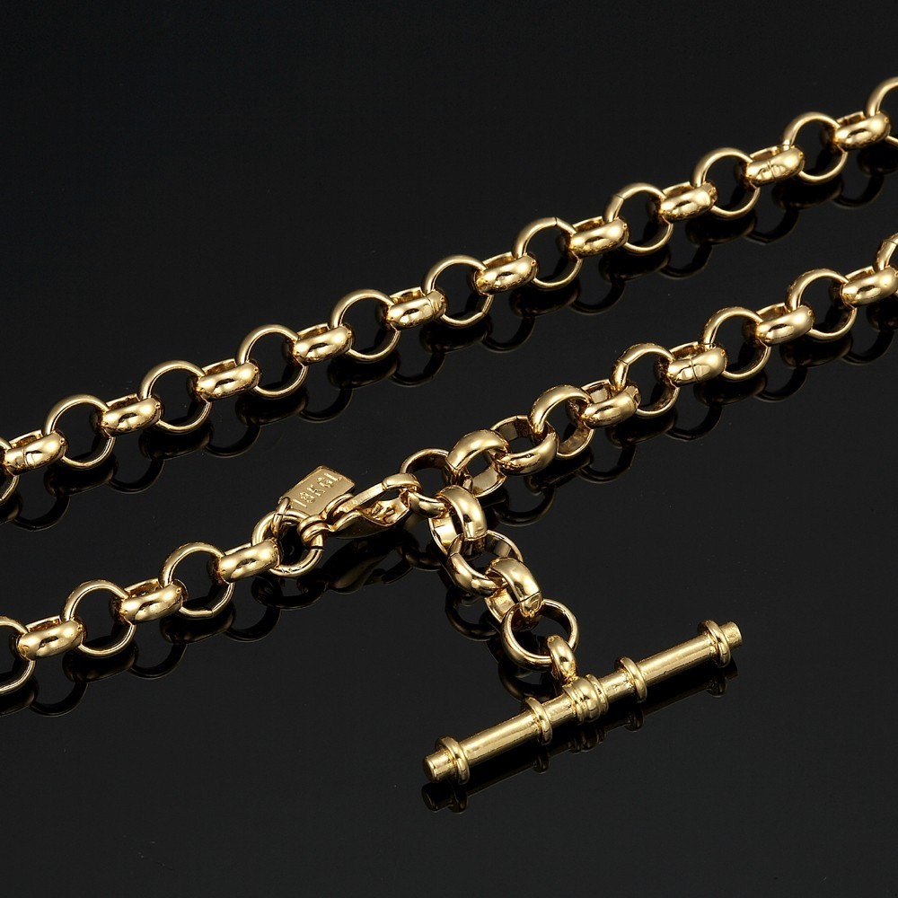 18K GL Solid Rolo Belcher Chain Yellow Gold Necklace with Antique Style T Bar