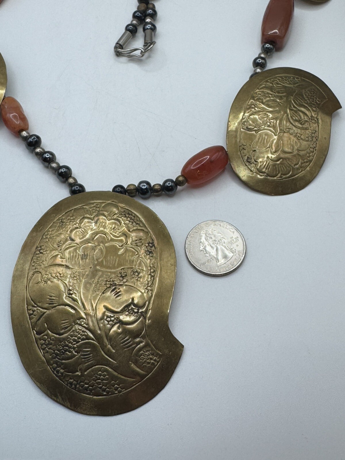 Vintage Boho Ethnic Mixed Metal Necklace Copper Brass Black Beads Statement 32”