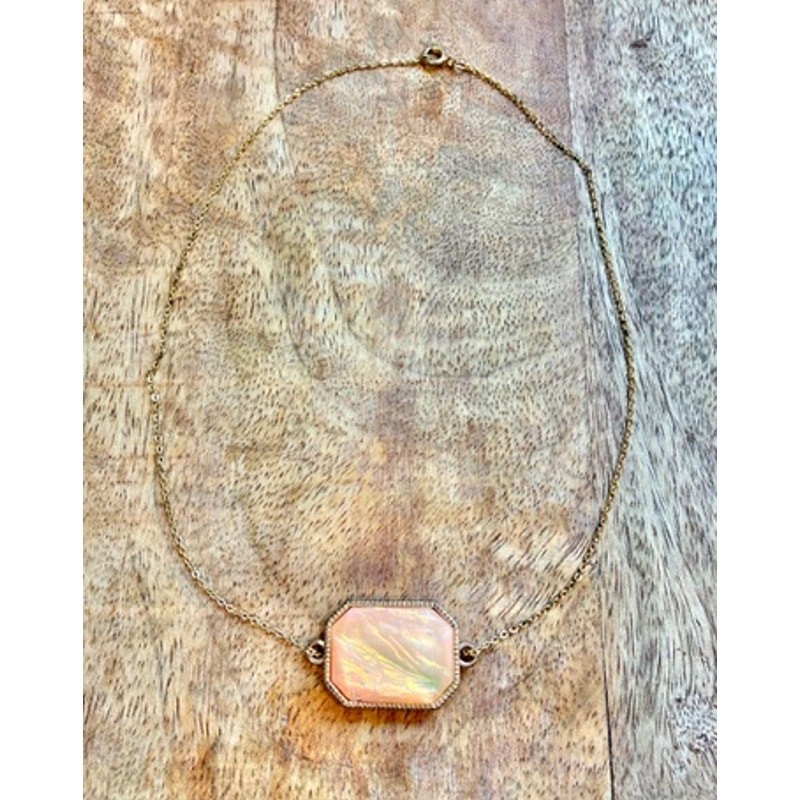 Gold Tone Dainty Iridescent Octagon Faux Opal Choker Necklace