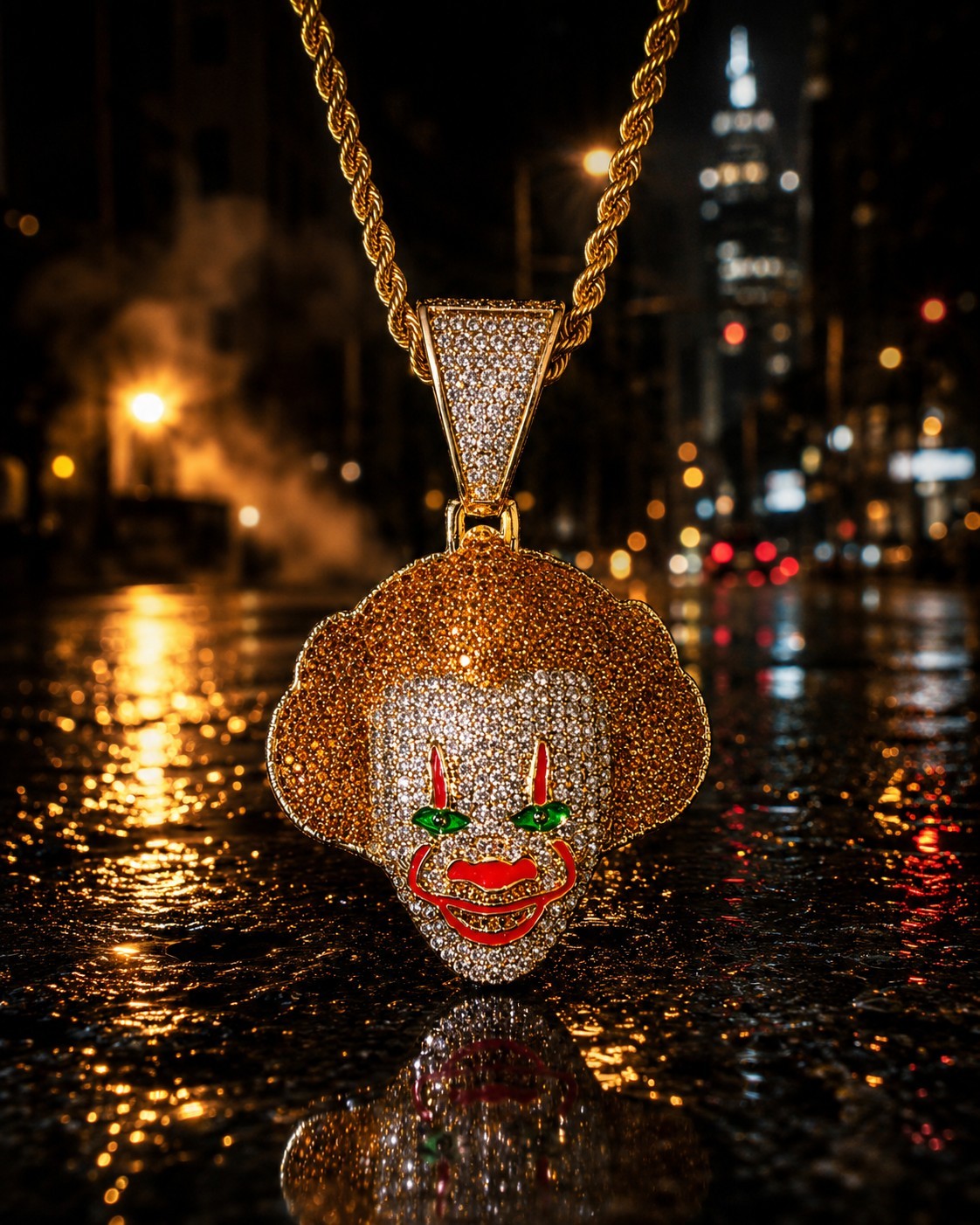 Iced Out Bust Down Clown Face Pendant Gold Tone Rope Chain Halloween Necklace