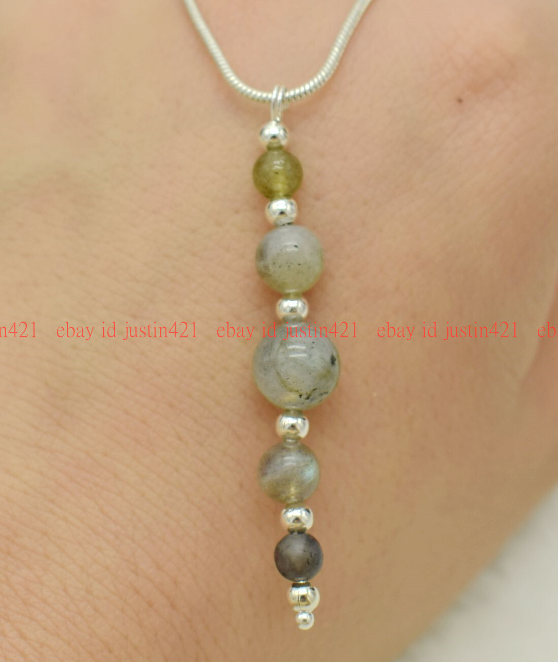 Genuine 4+6+8mm Pretty Gray Labradorite Round Gemstone Beads Pendant Necklace