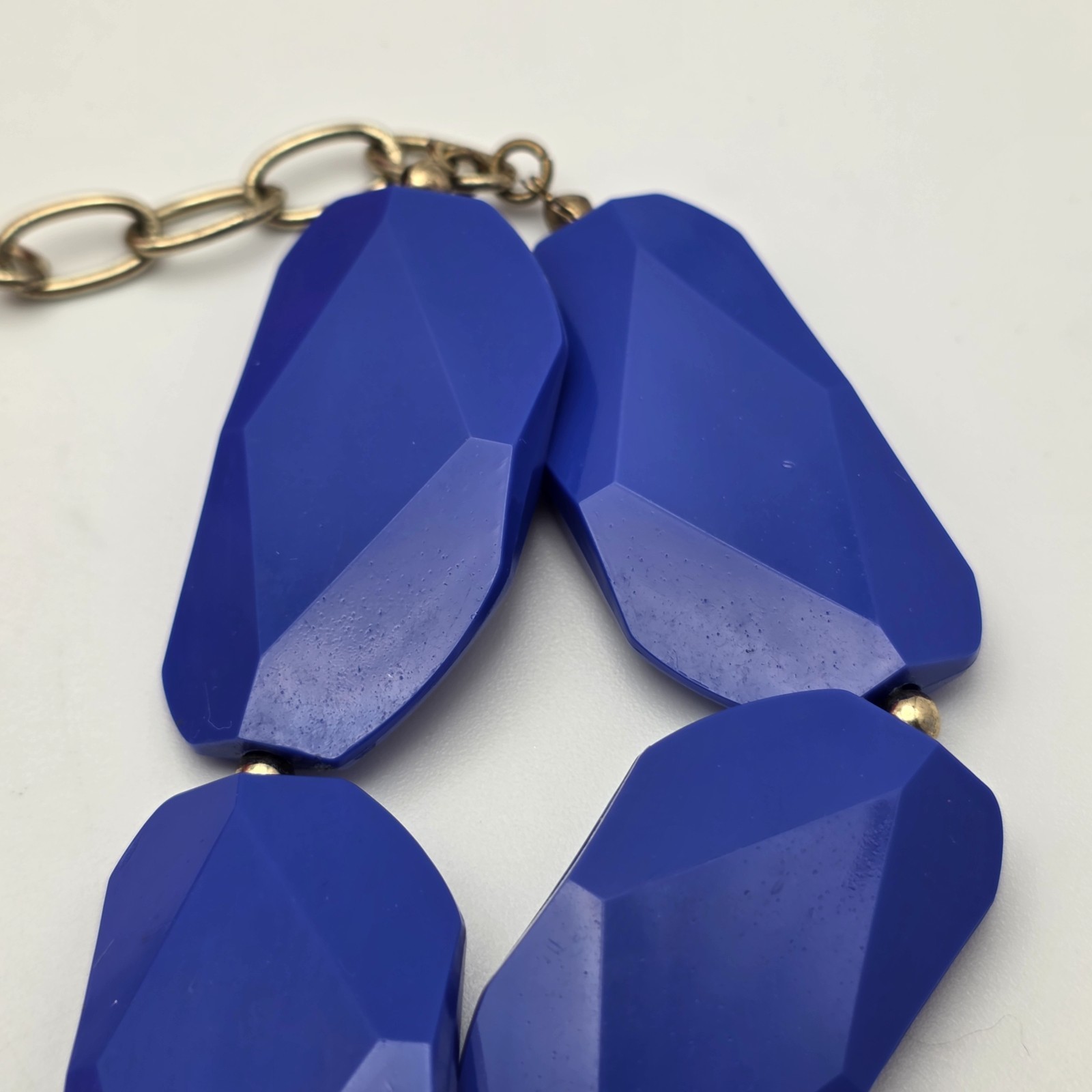 Cobalt Blue Faceted Statement Necklace Chunky Bib Beads Gold Tone 27in Adj