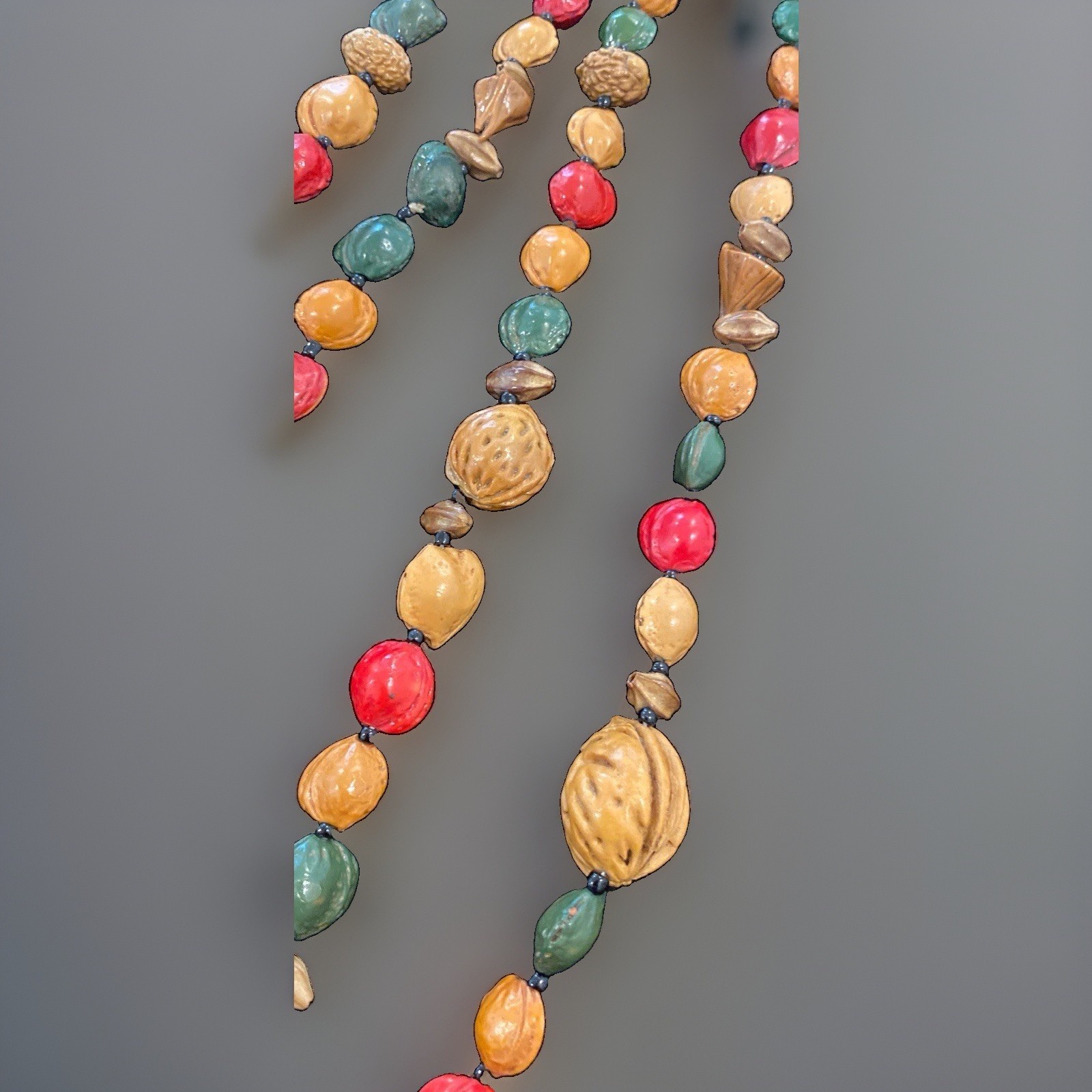 2 Long Stackable Vintage Necklaces Unique Colorful Nuts Apples Nature Earth