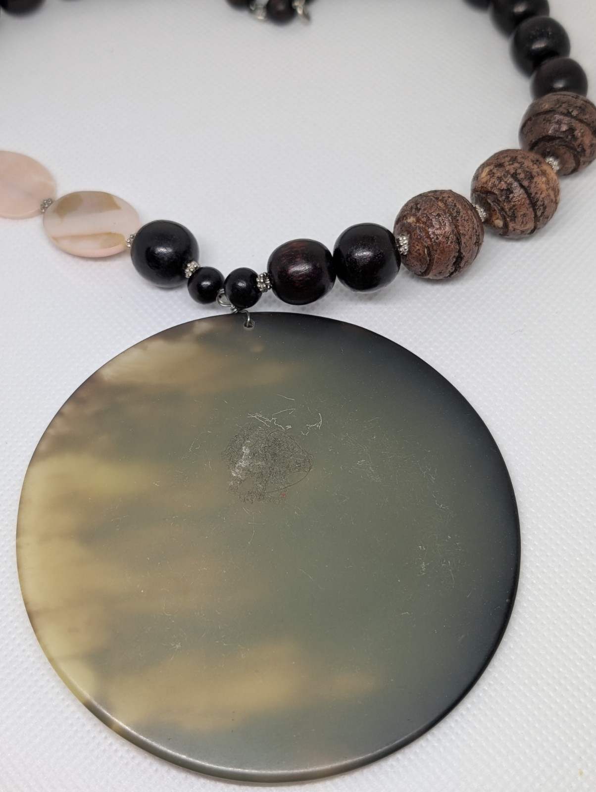 Chico’s Brand Necklace Large 3.75″ Round Pendant w/Beads, Abalone, MOP