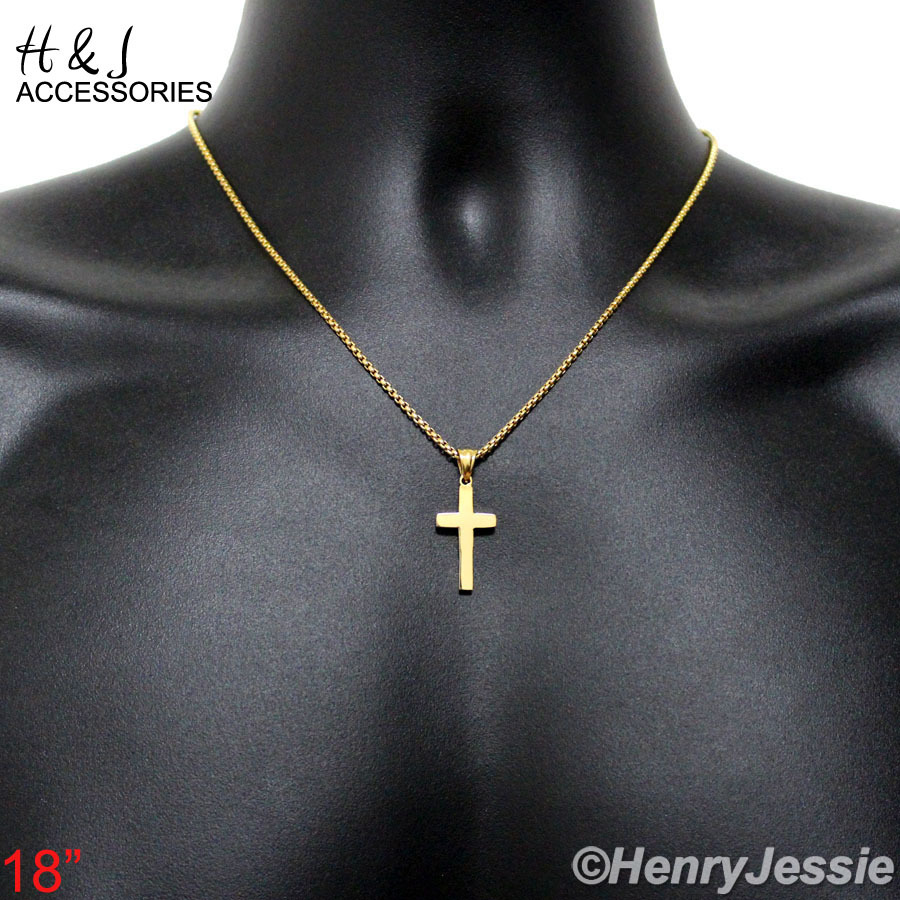 18″Stainless Steel 1.5mm Gold Plated Box Link Chain Simple Cross Pendant*P67