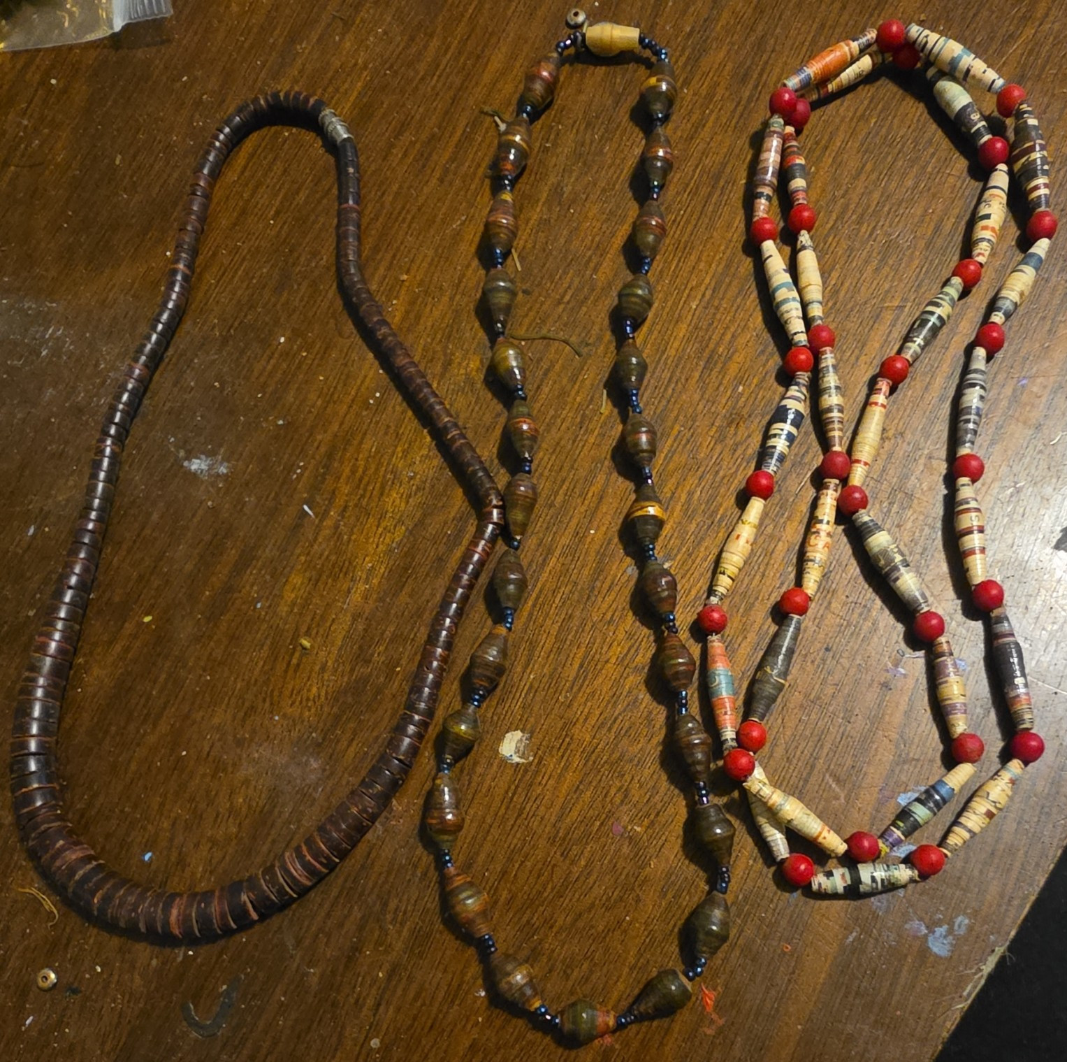 Lot of 3 Multicolor Beaded Necklaces, Wood & Paper Beads, Ball/Bead Chain