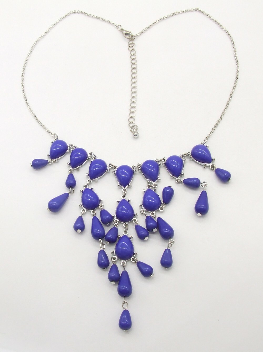 16″ Silver-T Royal Blue Resin Teardrop Chandelier Bib Chain Necklace 3.75″ Deep