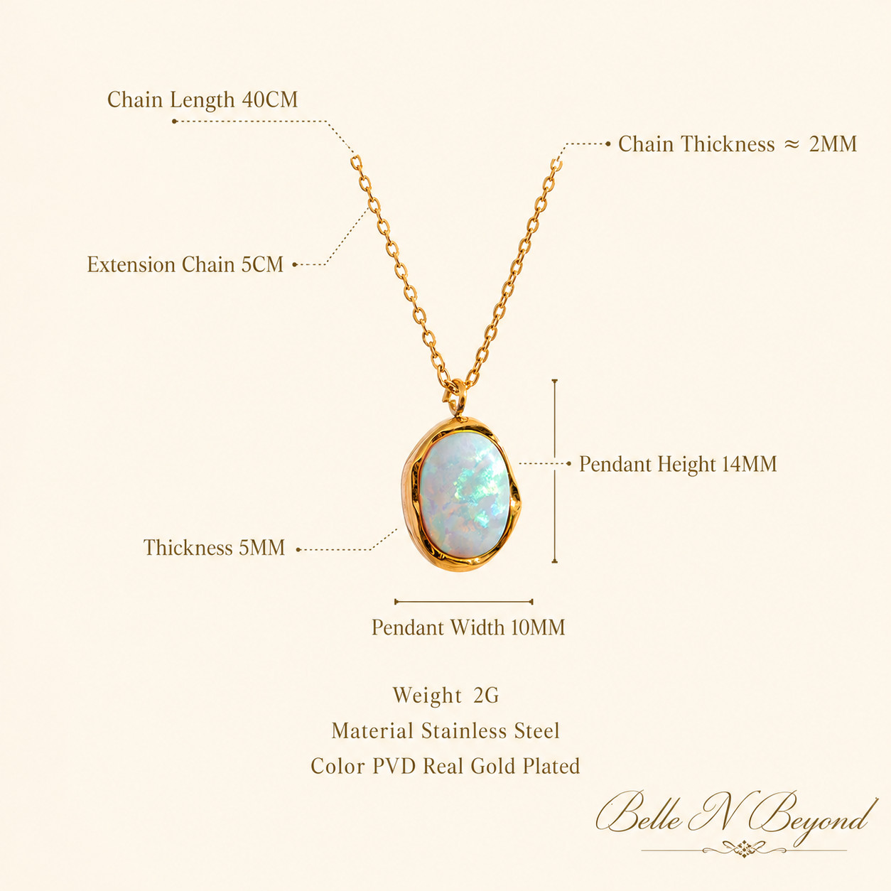 Iridescent Opal Pendant Necklace Gold Silver Tone Stainless Steel 40+5cm