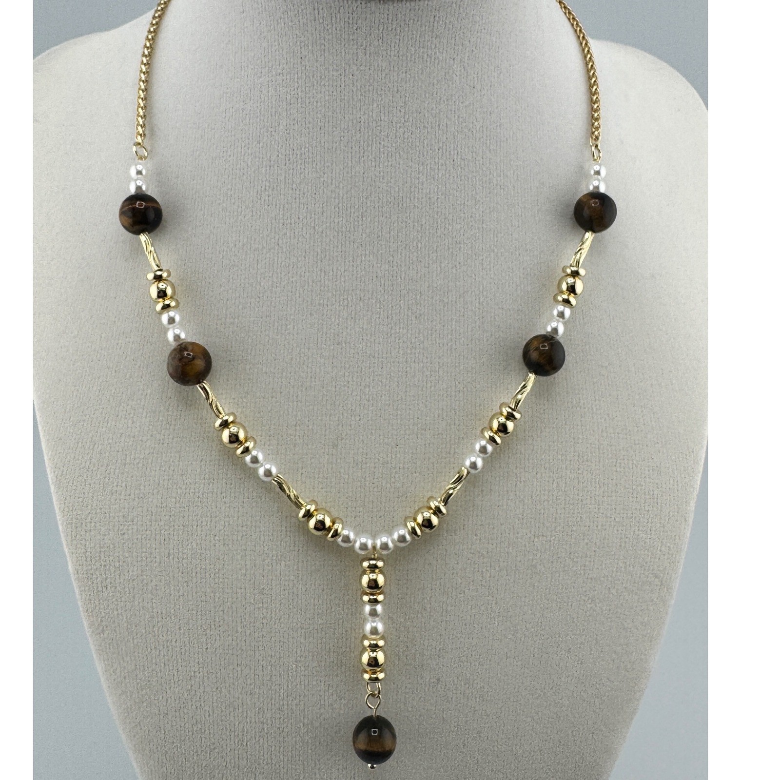 Gold Tone Tiger Eye and Faux Pearl Y-Drop Necklace Brown White Beaded Adjustable