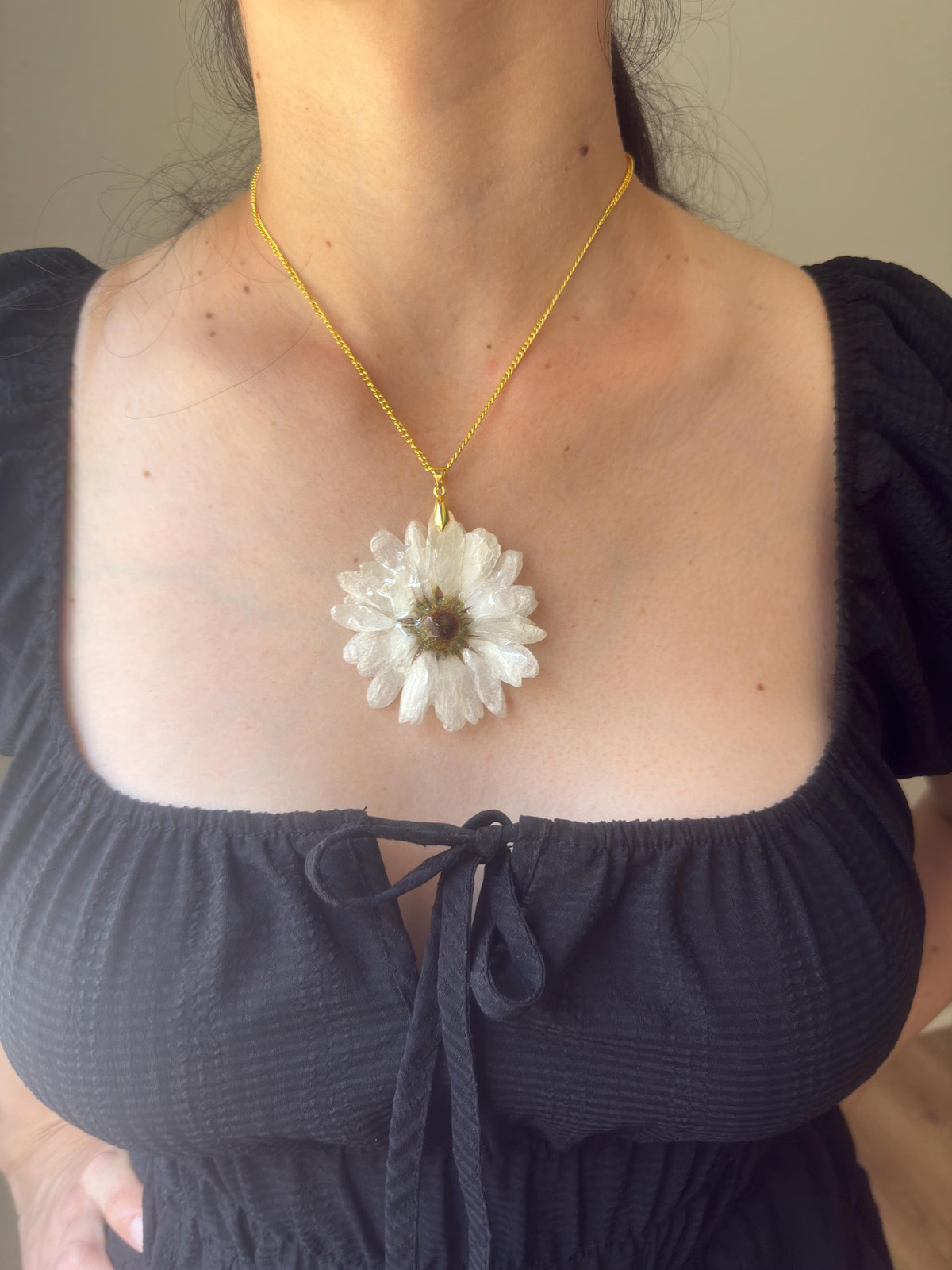 Real White Daisy Resin Necklace | Preserved Flower | Gold Stainless Steel Chain
