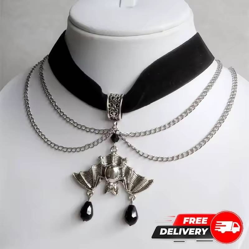 Black Velvet Bat Choker Necklace Upside Down Bat Black Stone Gothic Jewelry