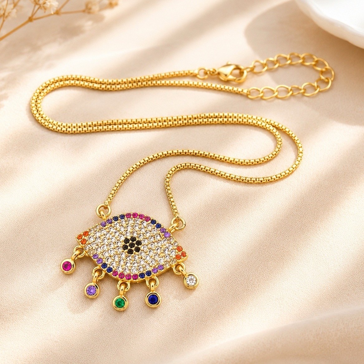 Gold Tone Evil Eye Pendant Necklace with Colorful CZ Stones Adjustable Chain