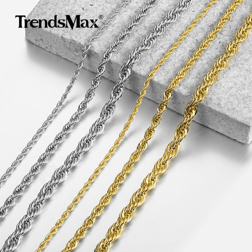 3-7MM Gold Plated Stainless Steel Diamond Cut Twisted Rope Chain Necklace 16-30″