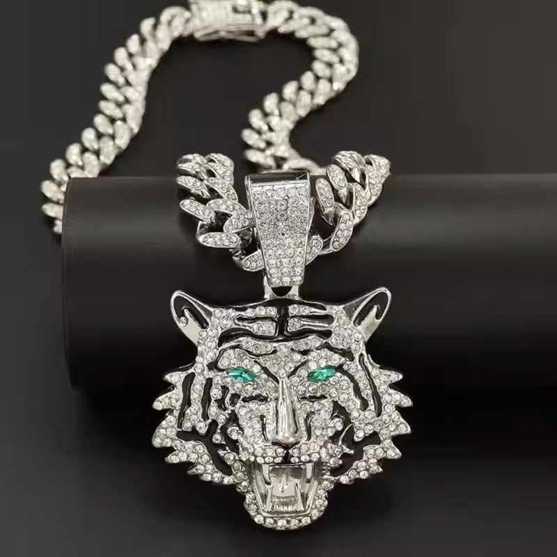 Iced Out Football Tiger Pendant Necklace – 13mm Gold 3D CZ Green Eyes Hip‑Hop Bl