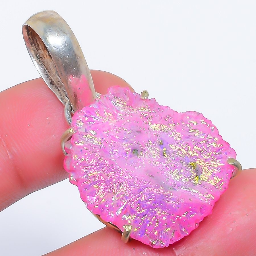 Natural Pink Titanium Drusy Gemstone 925 Silver Plated Pendant 1.7″ T276