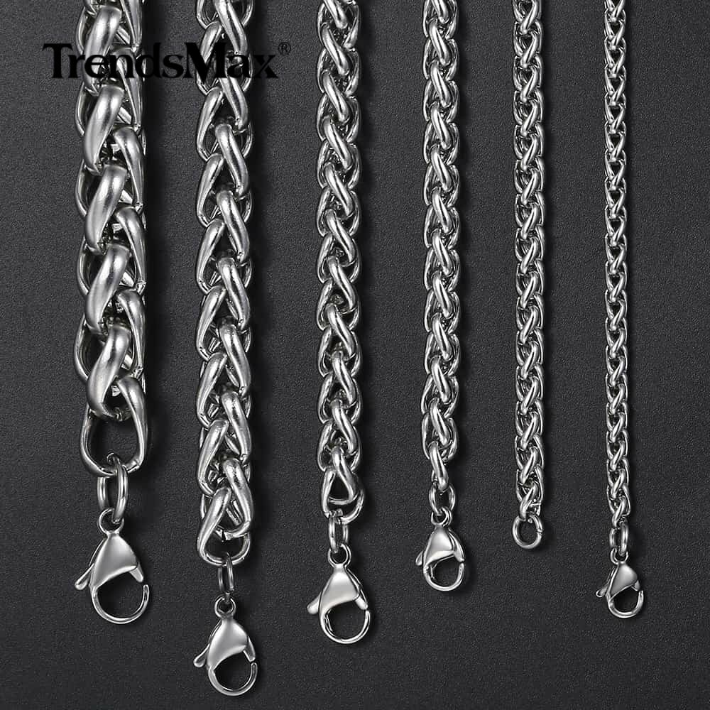 3/4/5/6/8MM Mens Silver Stainless Steel Necklace Wheat Braided Chain 18-30″ Gift