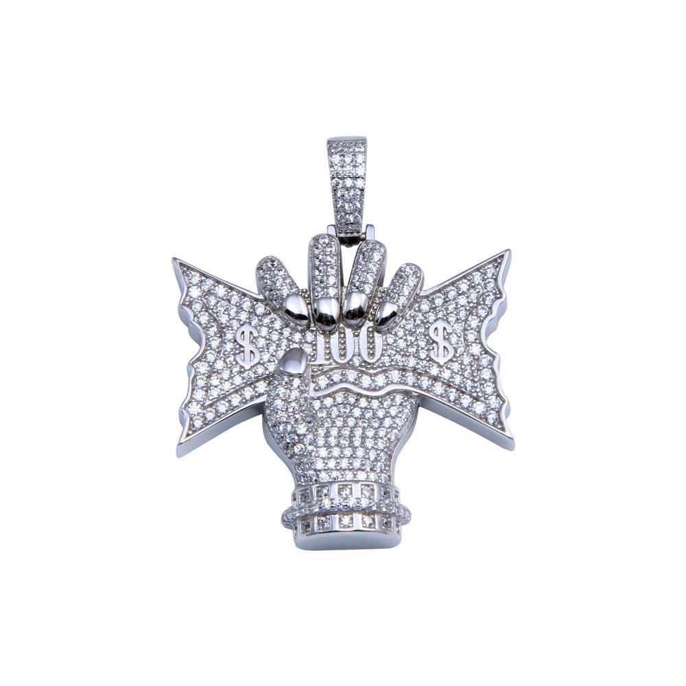 Rhodium Plated 925 Sterling Silver CZ Cash Hand Money $ 100 Bill Hip Hop Pendant
