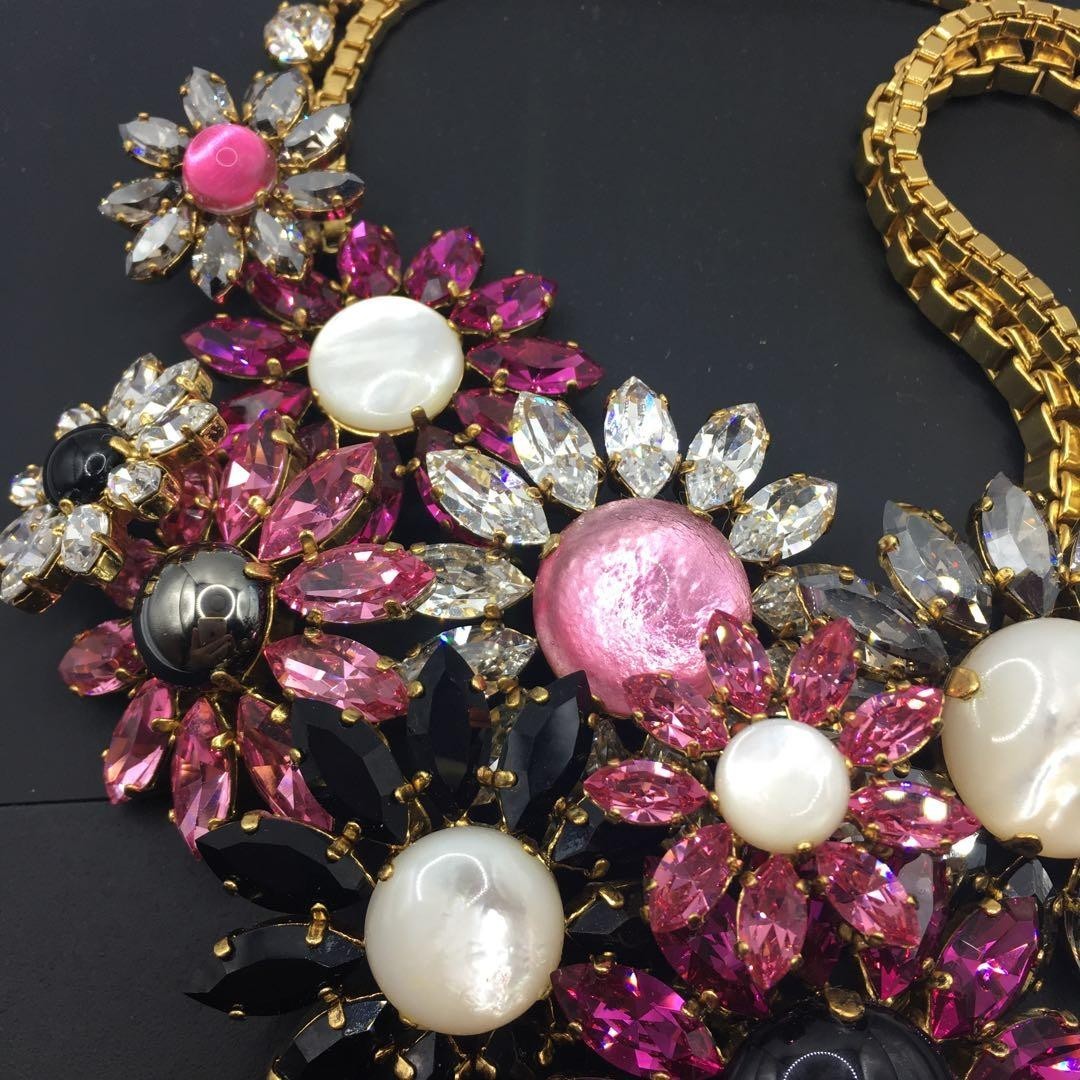 Philippe Ferrandis Pink Black Clear Bijou Flower Motif Necklace in Rare