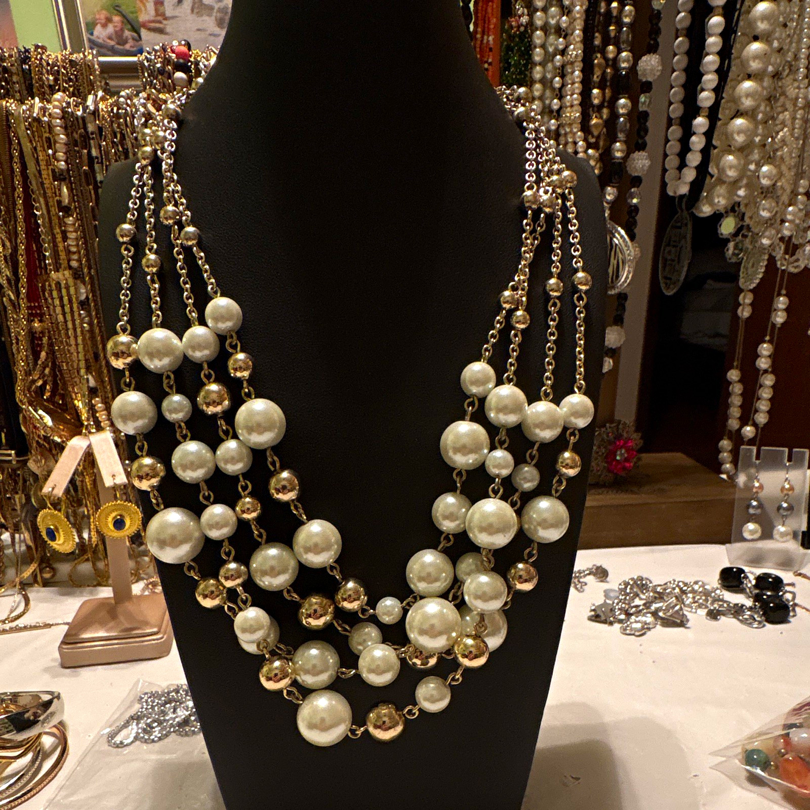 Layered Faux Pearl & Crystal Beaded Statement Necklace Gold-Tone Adjustable