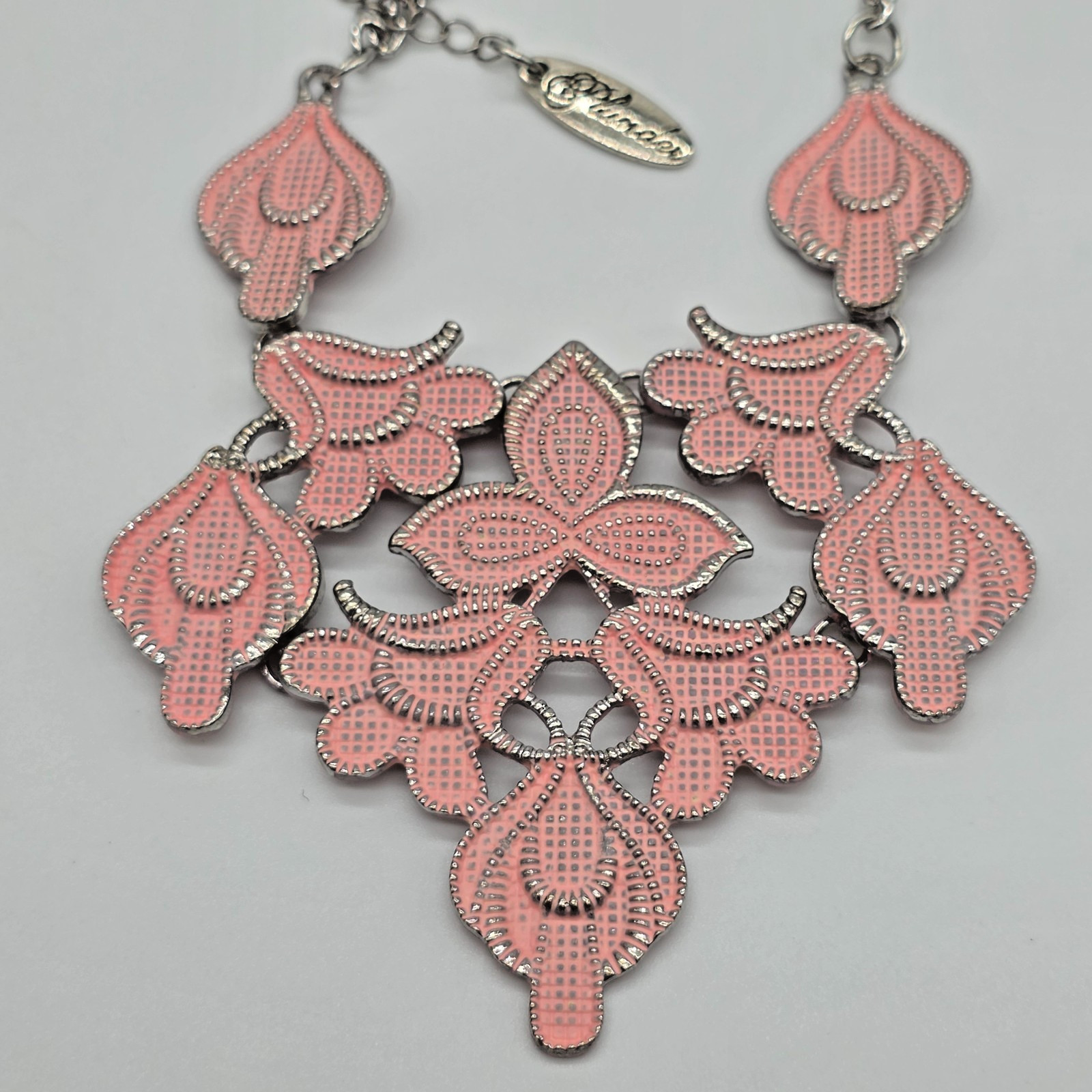 Plunder SUE Silver Cuban Link Soft Pink Floral Bib Bohemian Statement Necklace