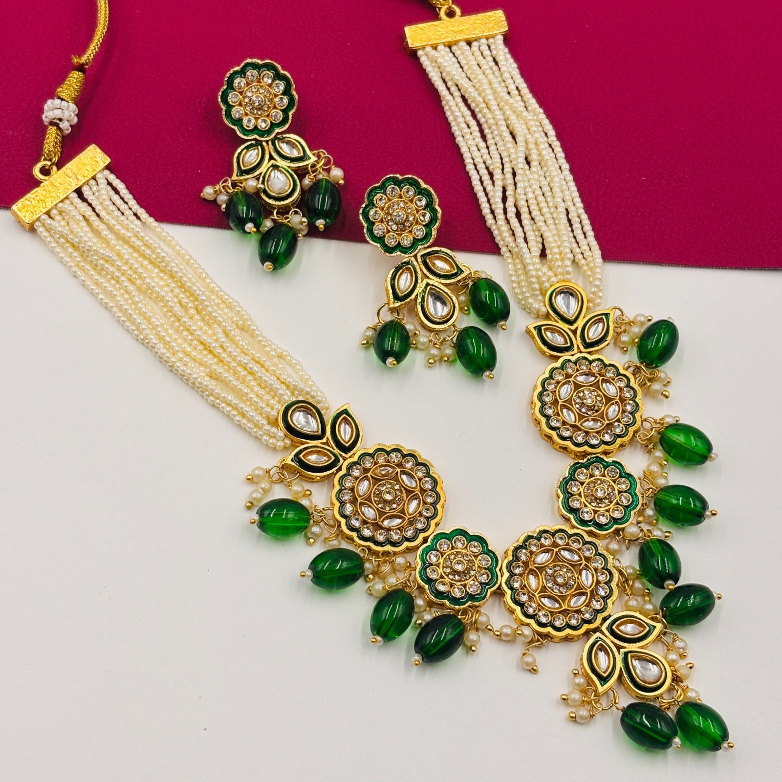 Gold Plated Pearl Statement Necklace Set Indian Bridal Jewelry for Women