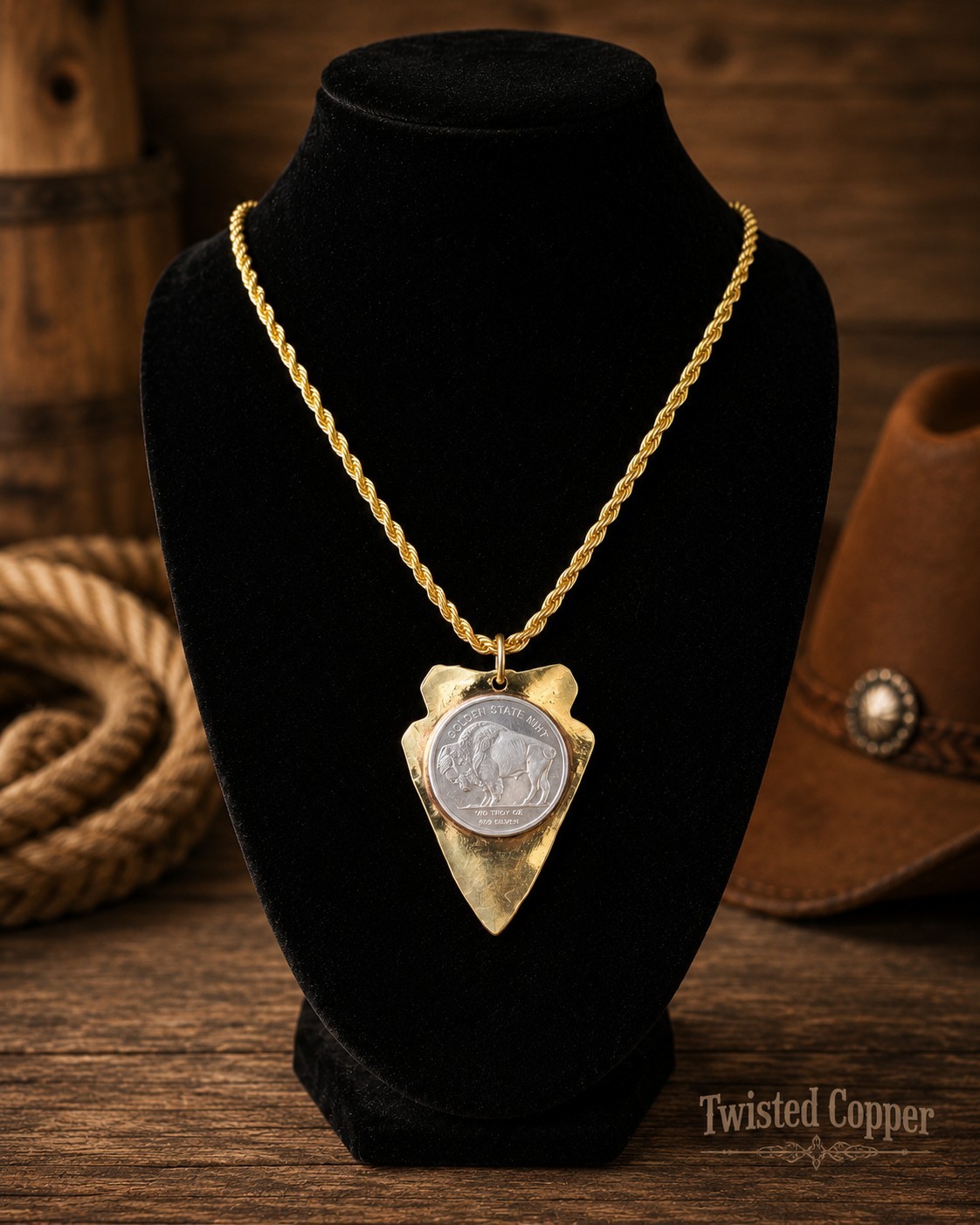 Twisted Coppers Spirit Of The Buffalo Necklace. 999 Silver Round On PENDANT.