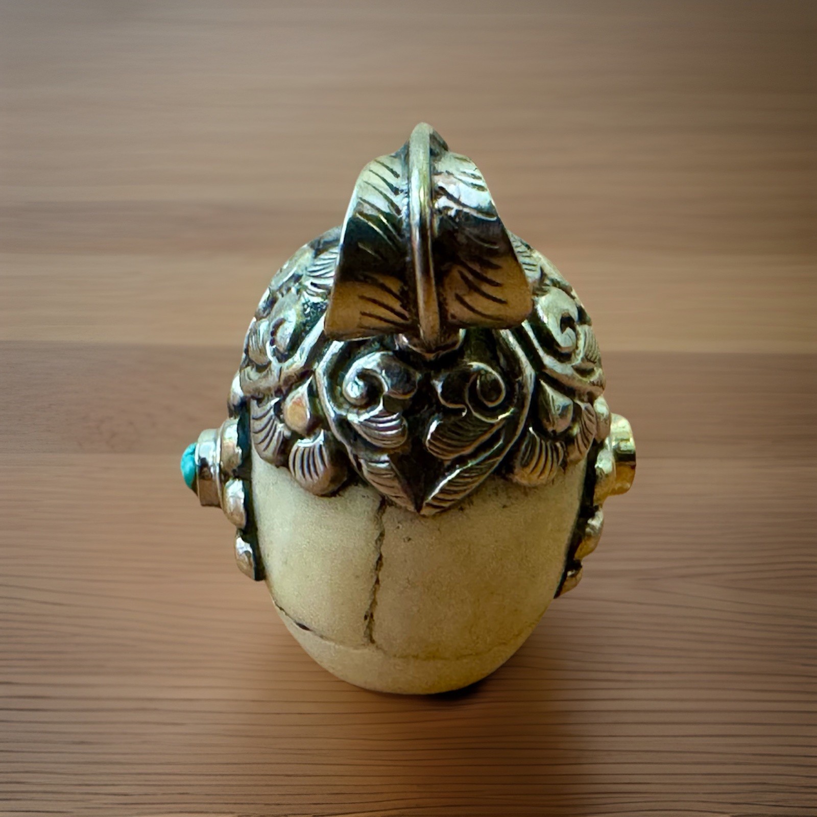Handcrafted Bone Skull Pendant,Set in Tibetan Silver & Turquoise.2”inch & 27gram