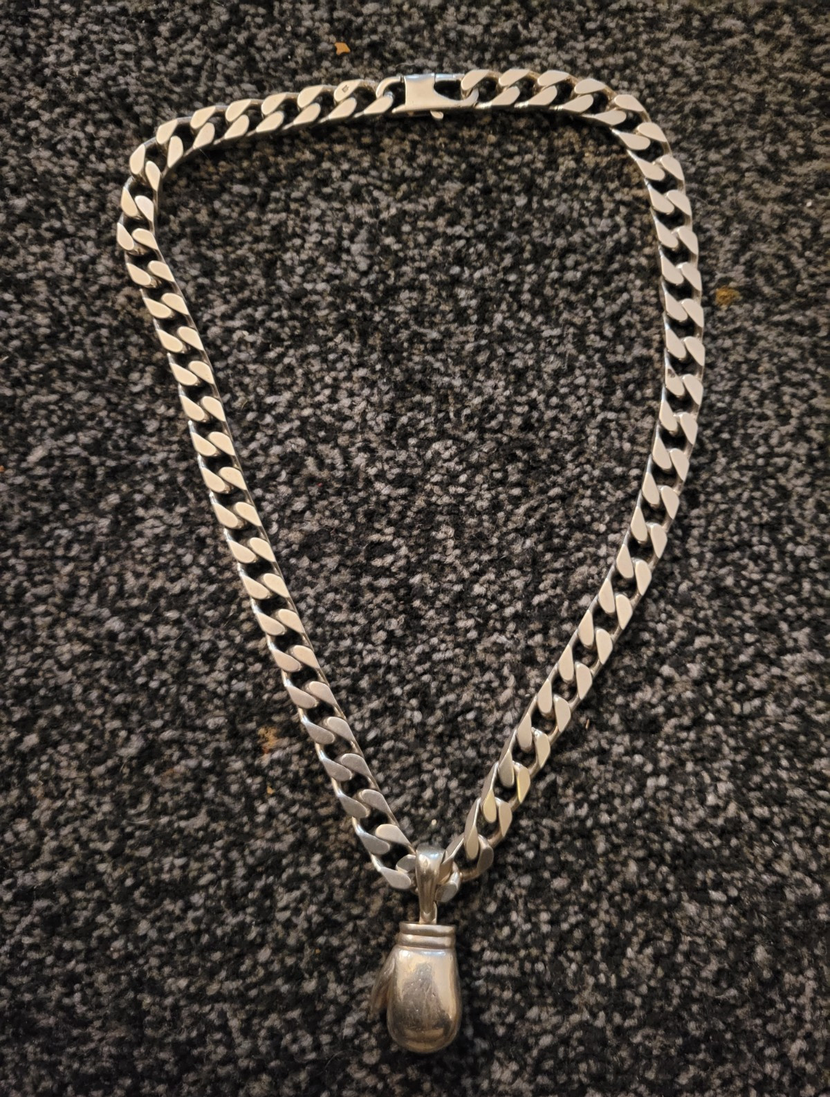 Silver 925 Curb Link Chain Necklace with Boxing Glove Pendant, 163g Not Scrap