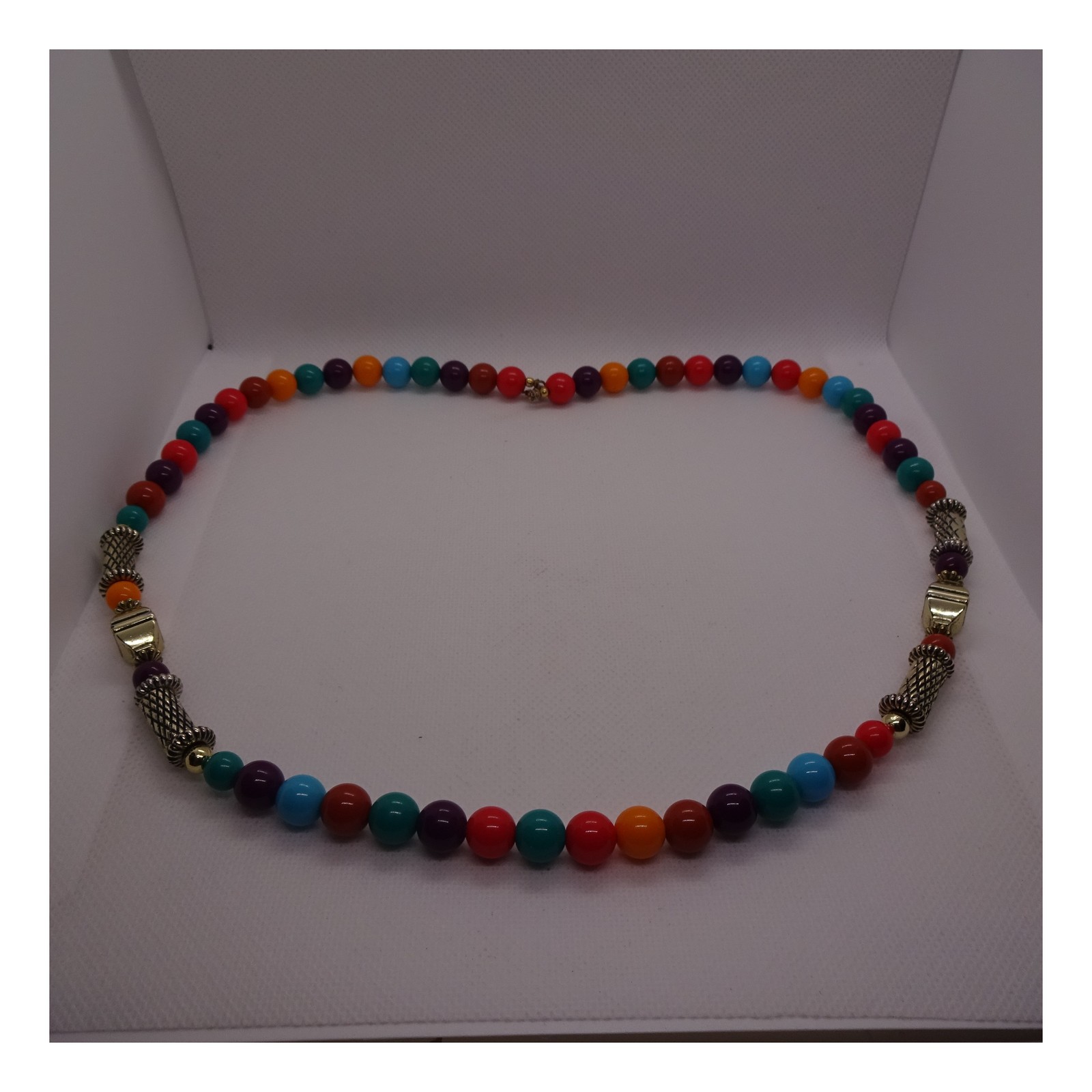 Vibrant Multicolor Beaded Necklace Gold Tone Textured Spacers Fashion Jewelry