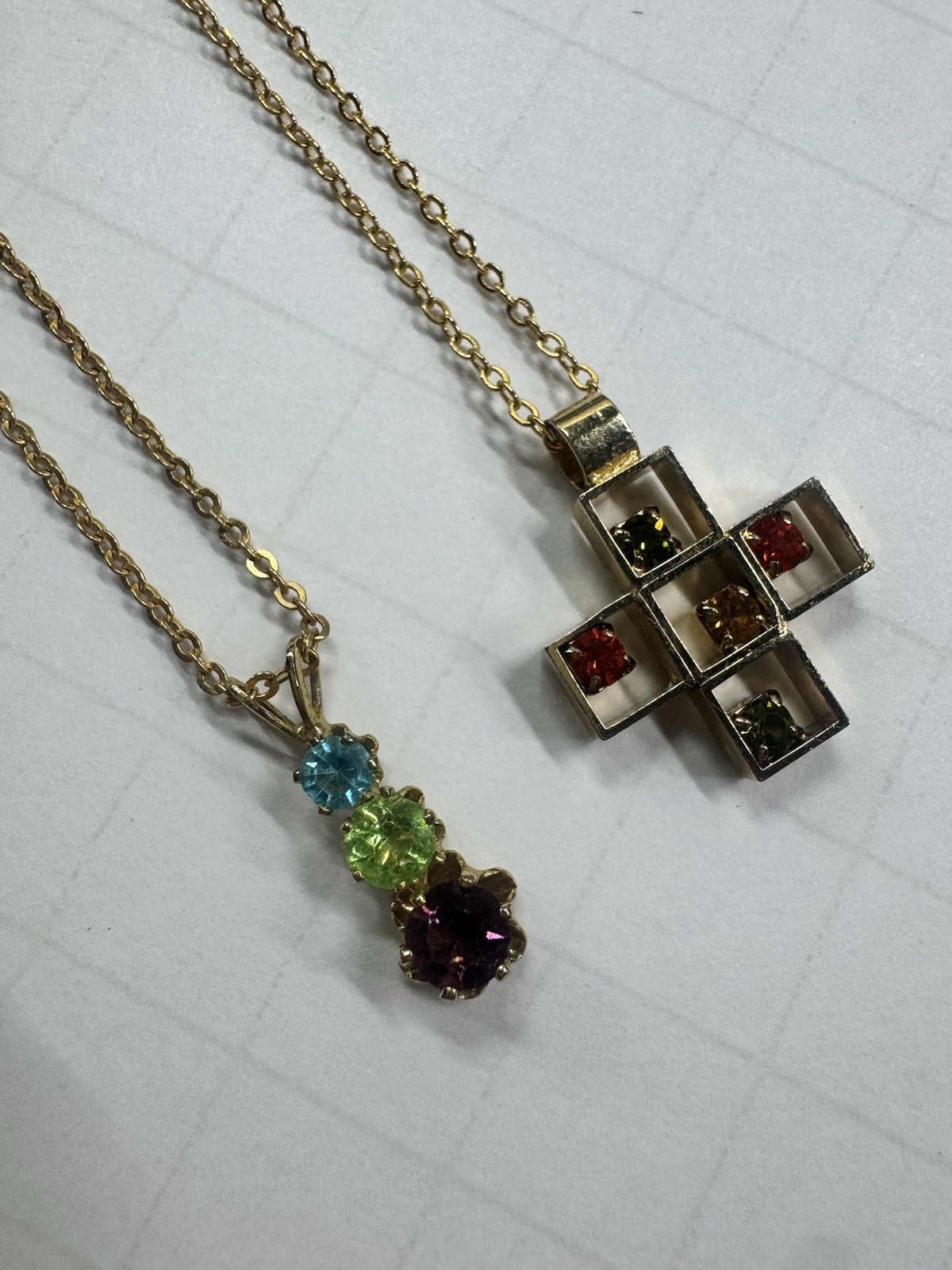 Lot of two gold tone Rhinestone Pendants with chain Necklaces Colorful