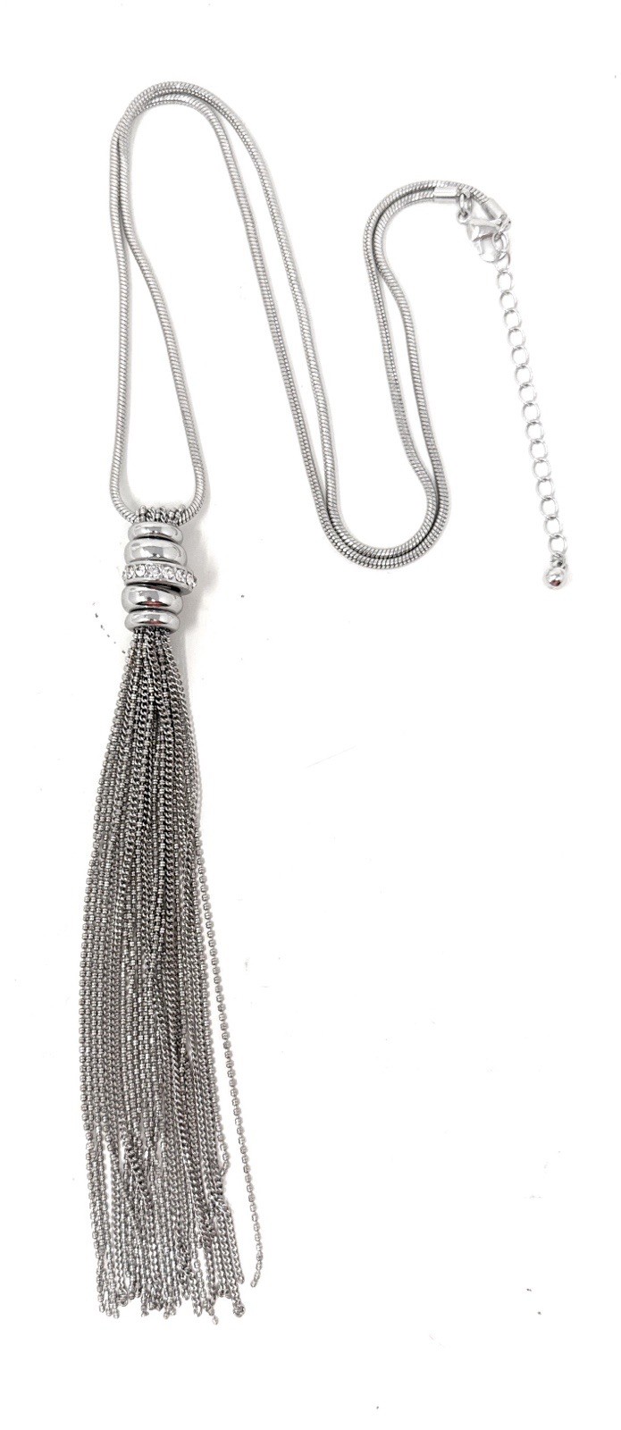 Unsigned Crystal Lariat, 7 Inch Tassel Necklace 28 To 30 Inch Long Snake Chain