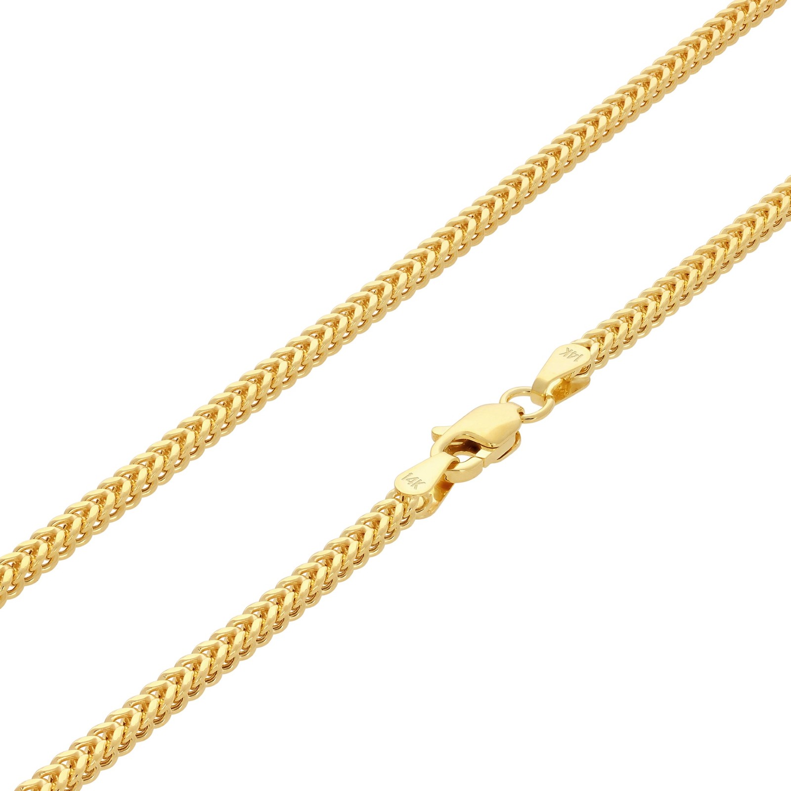14K Yellow Gold 2mm Franco Box Wheat Foxtail Chain Necklace Mens Womens 16″- 24″
