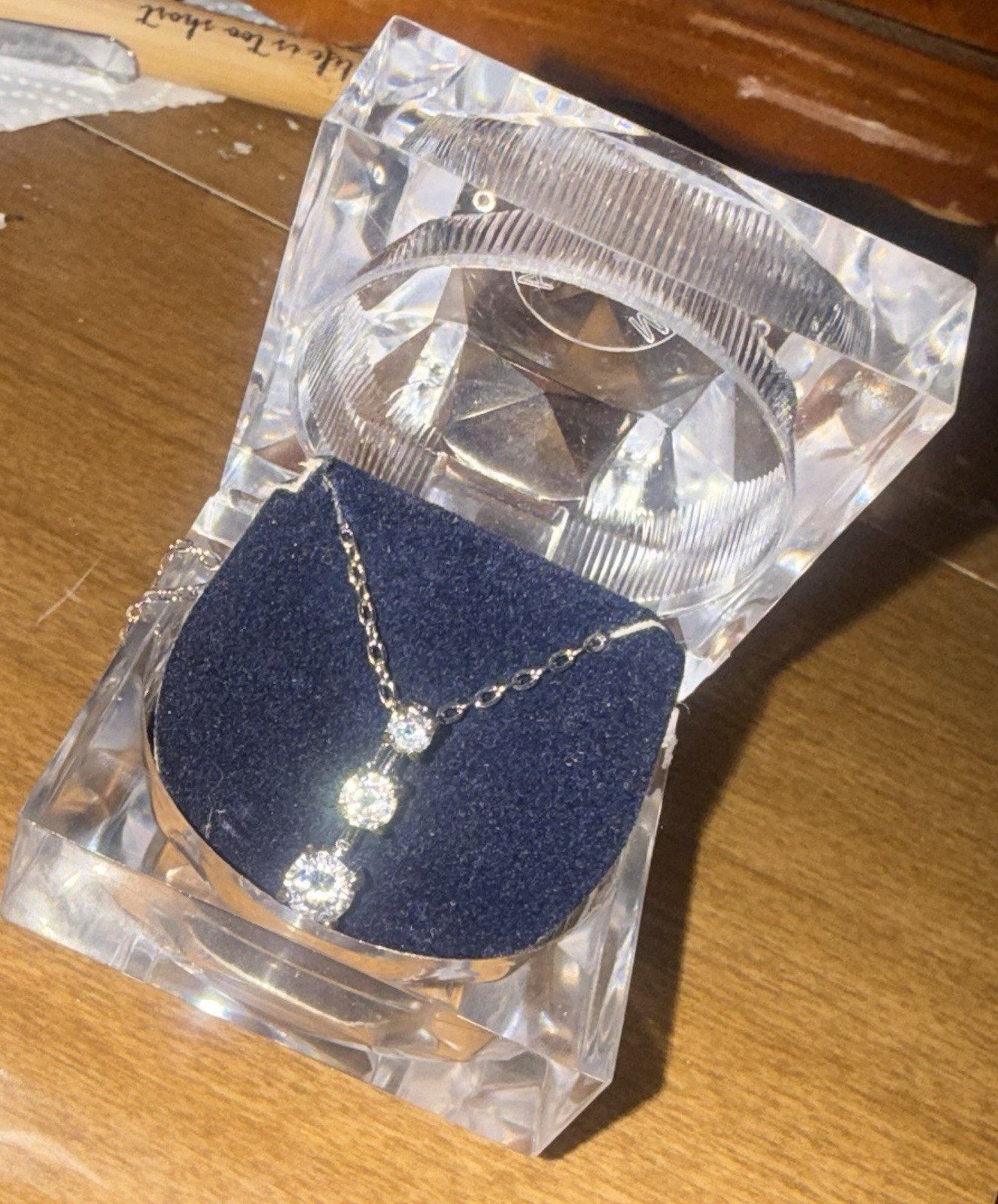 Silver-Tone Cable Chain Necklace Round Drop Pendant 3 Clear Crystal Stones