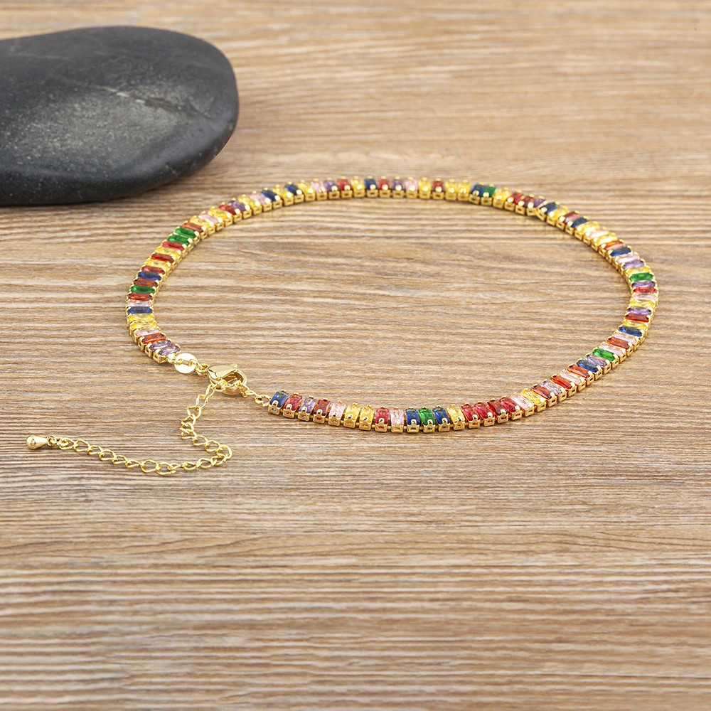 Classic Colorful Tennis Necklace Men and Women Rectangular Full Zircon.