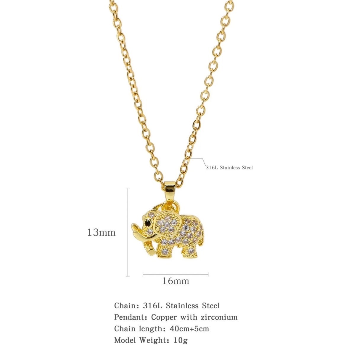 Cute Elephant Cubic Zirconia Pendant Necklace Gold Copper Women Men Jewelry