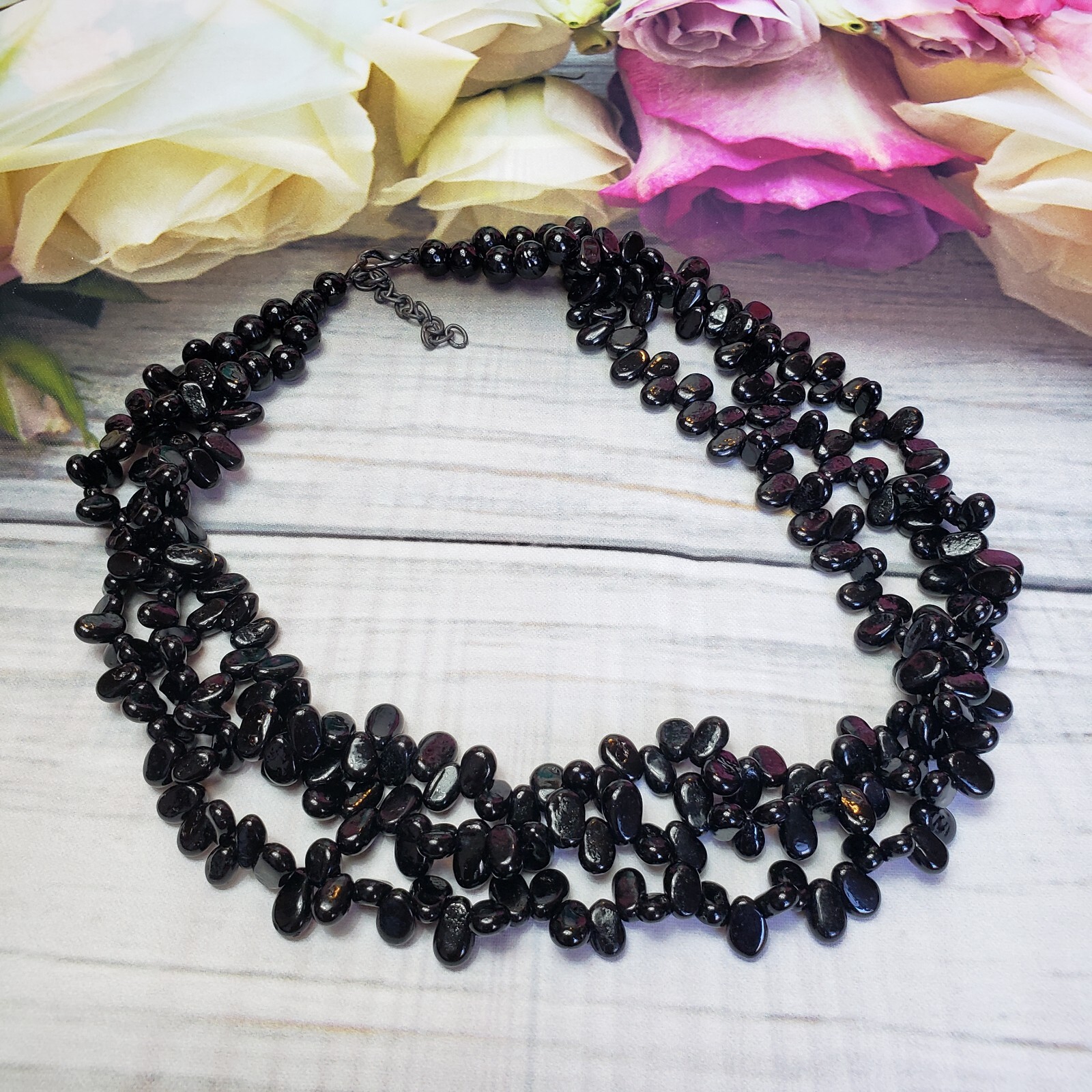 Vintage 3 Strand Natural Jet Black Stone Choker NECKLACE Beaded Statement Collar