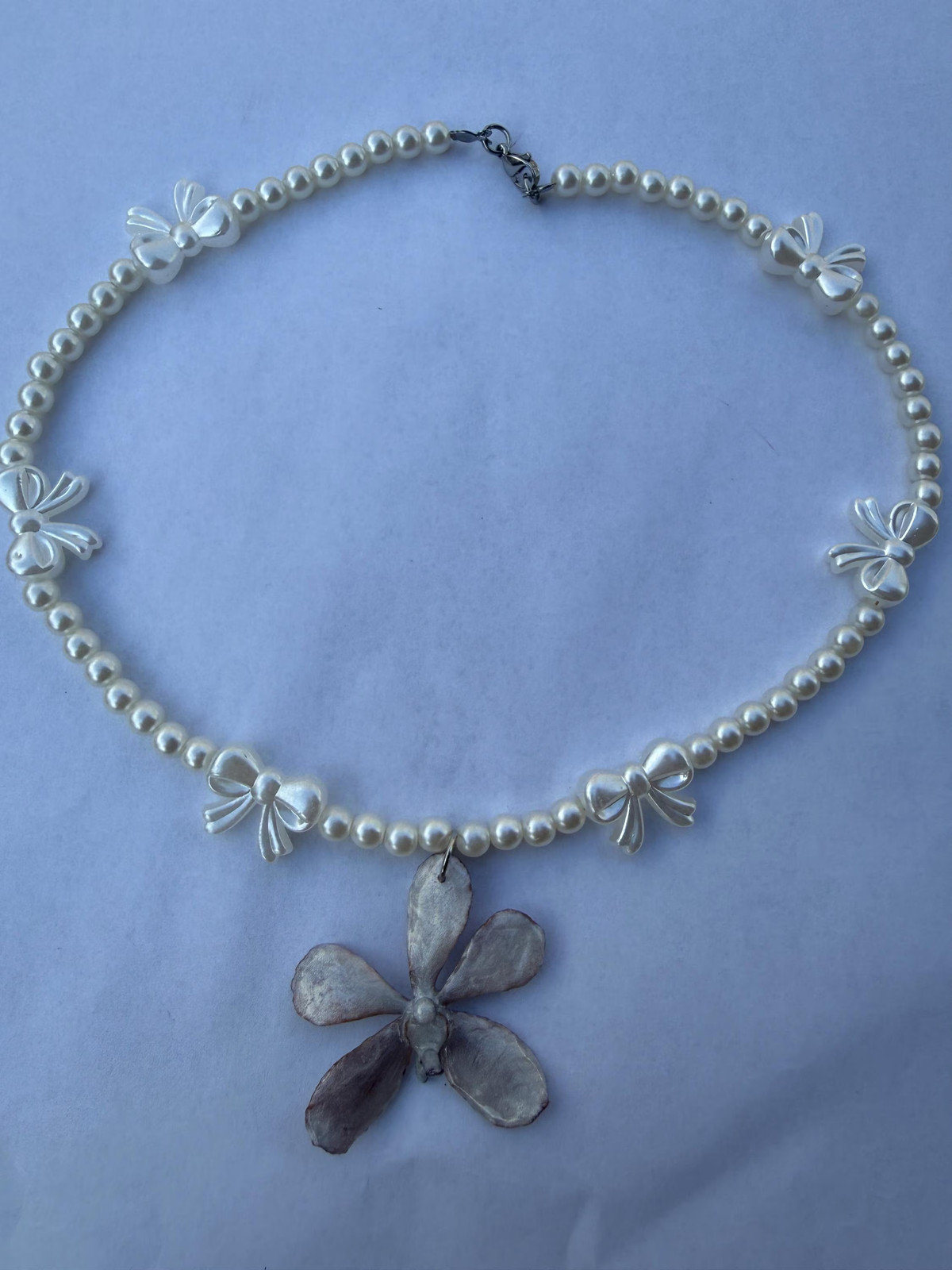 Coquette Pearl Bow Necklace | Real Orchid Resin Pendant | Cream Gray Silver