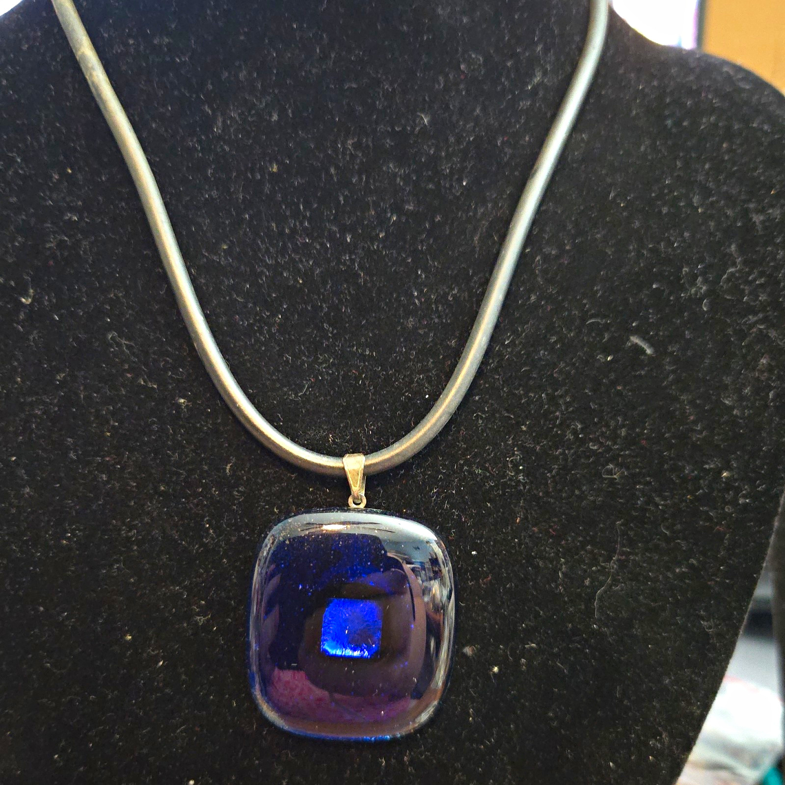 Black Cord Necklace Blue Square Glass Bezel Charm Pendant
