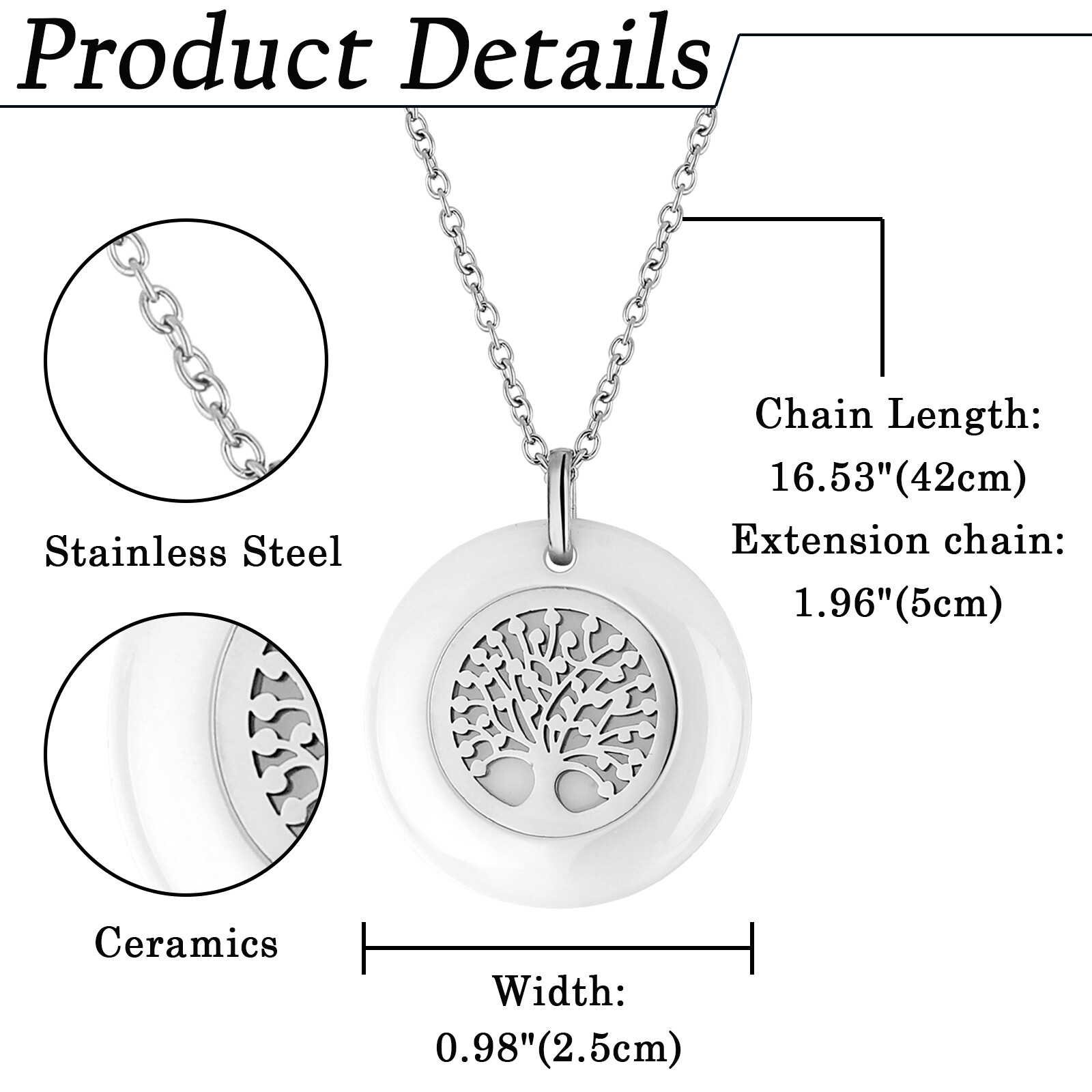 Womens Dainty Stainless Steel Ceramic Round Family Tree of Life Pendant Necklace
