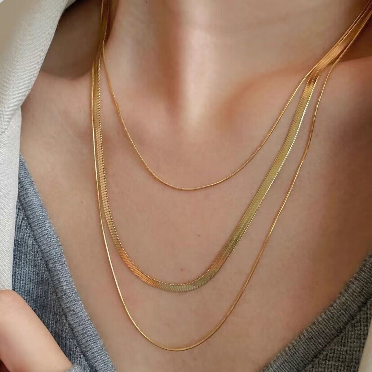Woman 14K Gold Plated Triple Layers Snake Herringbone Chain Choker Necklace