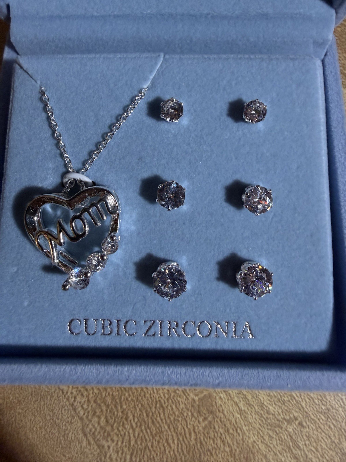 Silver Plated Cubic Zirconia 3 Stud Earrings & Mom Necklace 18″ Macys