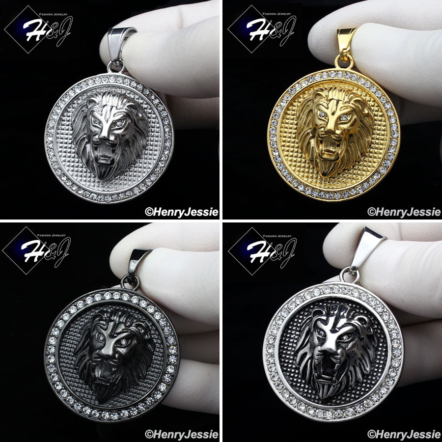 MEN Stainless Steel Gold/Silver/Black Plated ICY Bling CZ Lion Round Pendant*109