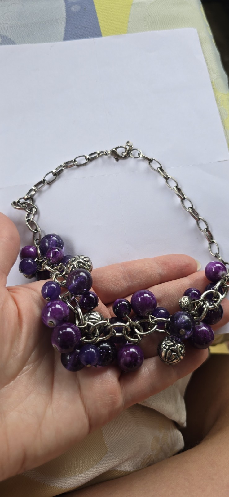 Silver Tone Statement Rolo Chain Necklace w/ Purple Acrylic Bead Cluster