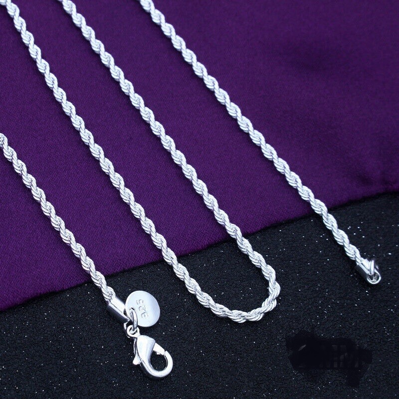 3mm 925 Sterling Silver P/L ITALY Rope 22″ Chain Necklace men women male female